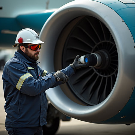 Portrait of a male pilot in a helmet and protective goggles standing near an airplane engineの素材