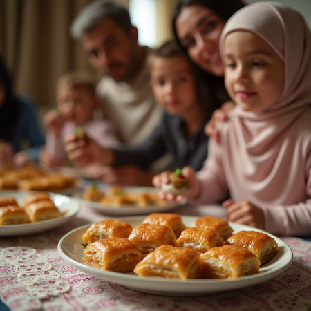 Muslim family eating sweet baklava at table in living roomの素材