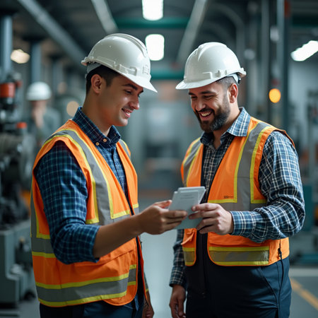 Industrial workers using mobile phone in factory. Industrial and technology concept.の素材