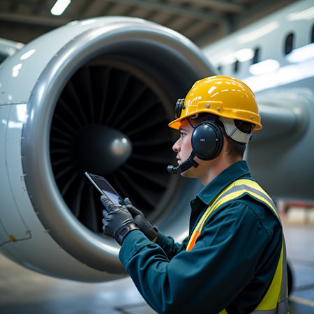Engineer in helmet and goggles using digital tablet in airplane engine roomの素材