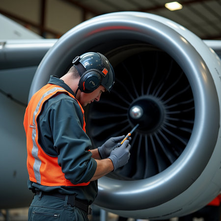 Engineer checking the engine of an airplane with a digital thermometerの素材