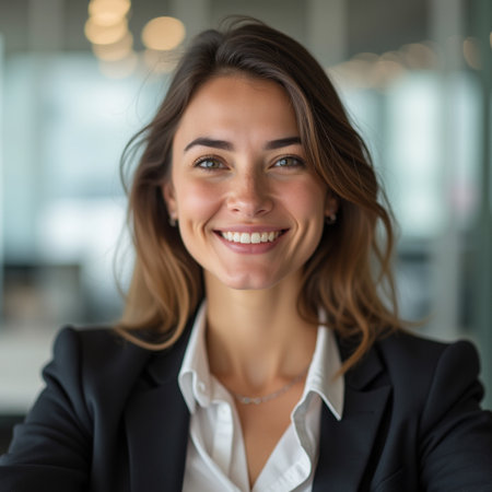Portrait of a smiling businesswoman looking at the camera in officeの素材
