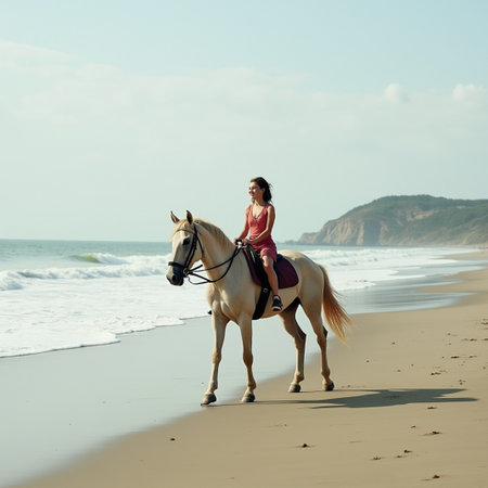Young woman riding a white horse on the beach. Back view.の素材