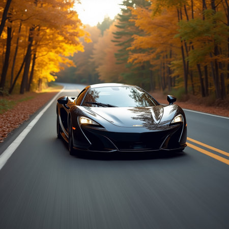 Black sports car on the road in the autumn forest. 3d renderingの素材