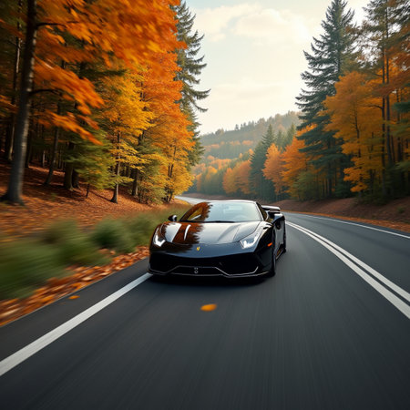 Conceptual image of a sports car on the road in autumn forestの素材