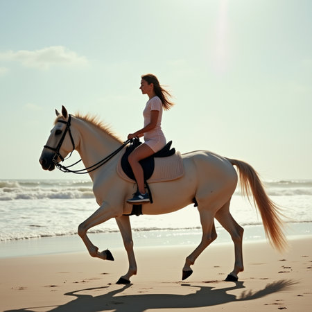 Young woman riding a white horse on the beach in the morning.の素材