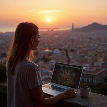 Young woman using a laptop while sitting on a balcony overlooking the city at sunsetの素材