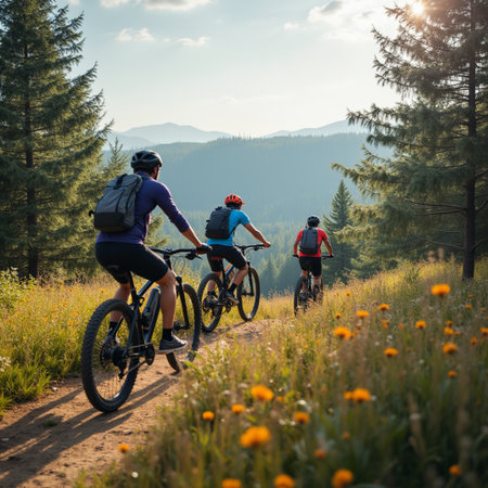 Cyclists on the trail in the Carpathian mountains.の素材