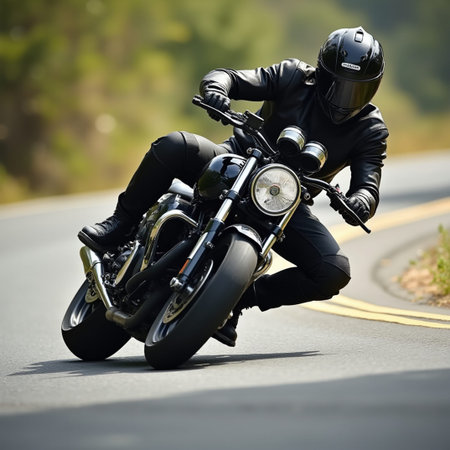 Motorcycle rider riding on the road, close-up view.の素材