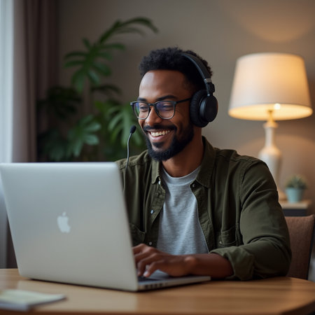 smiling african american man in headphones using laptop at homeの素材
