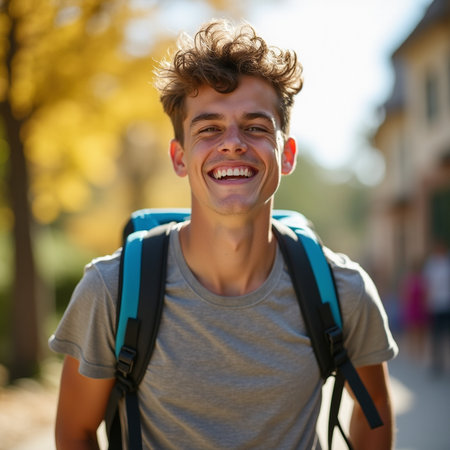 Portrait of a smiling young man with backpack in the city.の素材