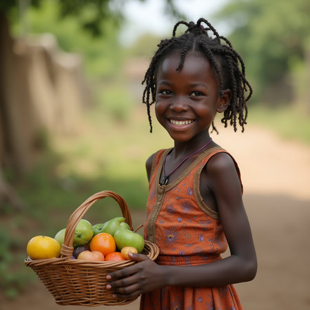 African little girl holding a basket full of fresh fruits in the countrysideの素材