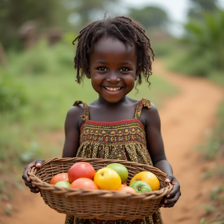 African little girl holding a basket full of fruits in the countryside.の素材