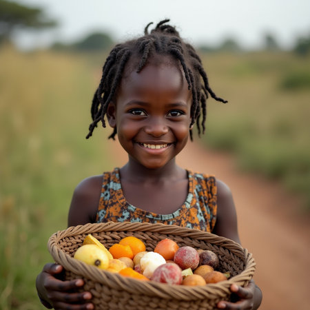African girl holding a basket full of fruit and smiling at camera.の素材
