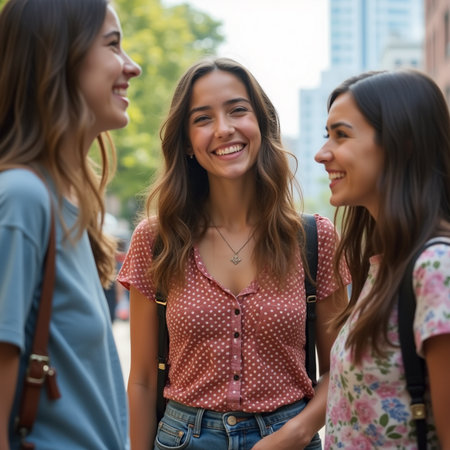 Group of young female friends walking in the city. They are smiling and talking.の素材
