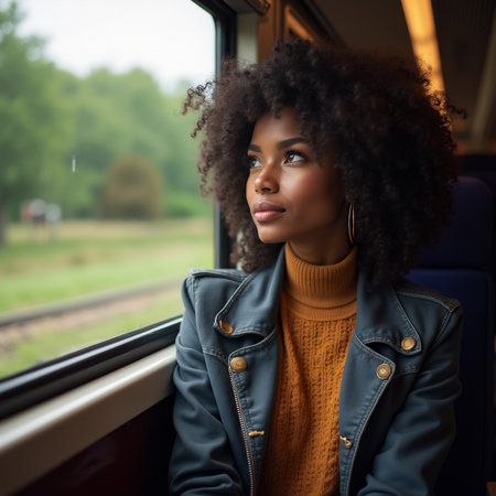Beautiful african american woman sitting in train and looking awayの素材