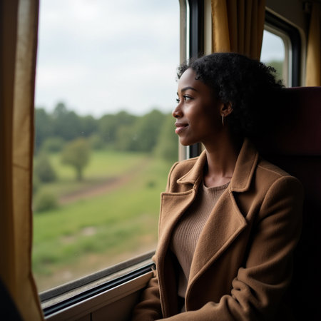 Young african american woman traveling by train and looking out the windowの素材