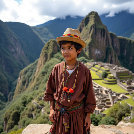 Unidentified little boy in the Machu Picchu archaeological site. Machu Picchu is a UNESCO World Heritage Site.の素材