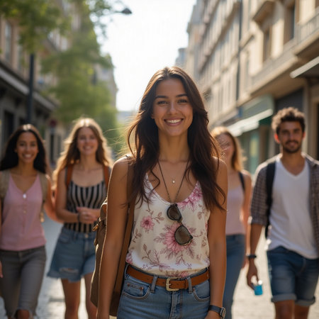 Group of young people walking in the city. Portrait of a beautiful young woman.の素材