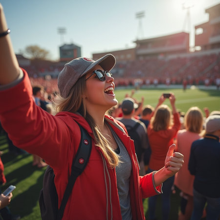 Portrait of a beautiful girl in a red jacket and a baseball cap on the stadiumの素材