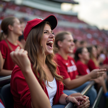 Portrait of a smiling female fan in a red T-shirtの素材