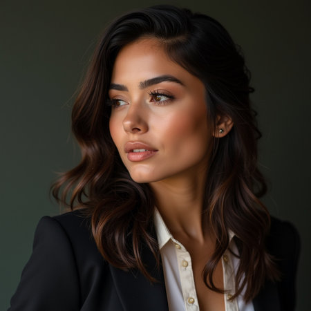 Portrait of a beautiful young brunette woman in a business suitの素材