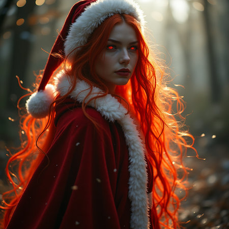 Portrait of a beautiful red-haired girl in a red coat with a hood.の素材