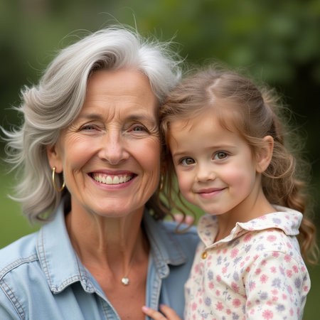 Portrait of a smiling senior woman and her granddaughter in the parkの素材