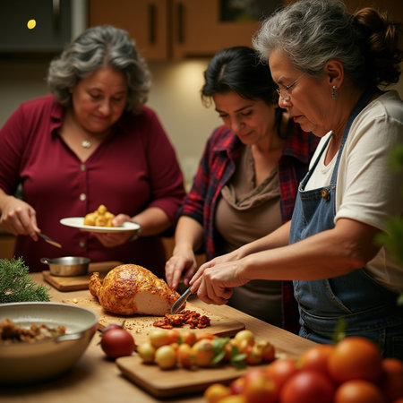 Mature women preparing Christmas dinner together in the kitchen, focus on turkeyの素材
