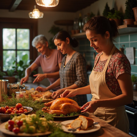 Happy family preparing Christmas dinner in the kitchen. Mother, father and daughter are preparing a turkey.の素材