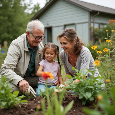 Grandparents with granddaughter working in the garden at summer day. Selective focus.の素材