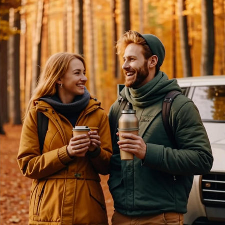Couple drinking coffee in autumn forest. Young man and woman in warm clothes standing near the car and looking at each other.の素材