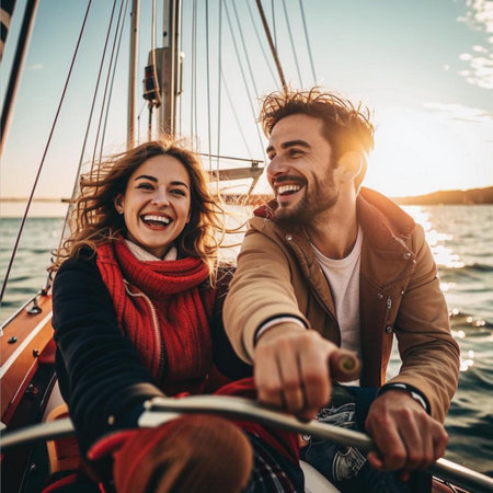 Cheerful couple having fun on sailboat at sea. Cheerful man and woman smiling and looking at camera.の素材