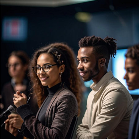 Multiethnic startup business team on meeting in modern bright office interior brainstorming, working on laptop and tablet computerの素材