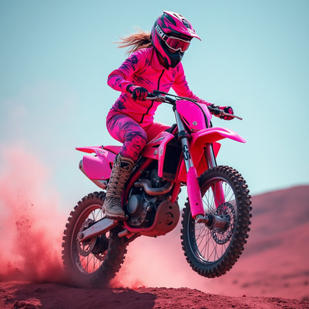 Racing girl on a motorcycle in the desert. Extreme sport.の素材