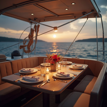 Wedding table setting on a yacht at sunset in Montenegroの素材