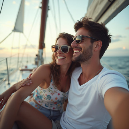 Attractive young couple is taking a selfie on a yacht at sunset.の素材