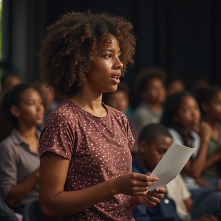 Portrait of a young African American woman reading a document while sitting in a classroomの素材