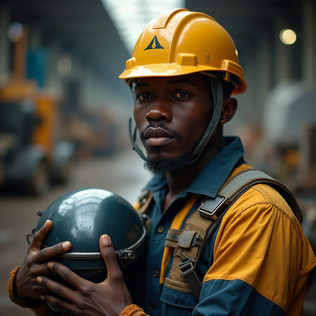 Portrait of African American worker in hardhat holding helmet in factoryの素材