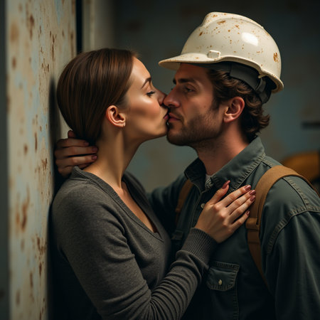 Young couple in hardhats kissing each other while standing near wallの素材