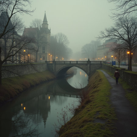 Old bridge over the river in the misty morning in Poznanの素材