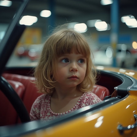 Cute little girl sitting in a toy car looking at the cameraの素材