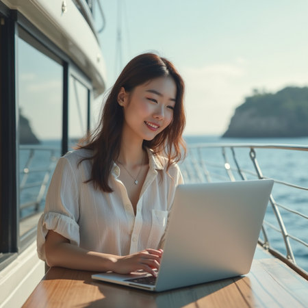 Beautiful asian woman using laptop computer on the deck of yachtの素材