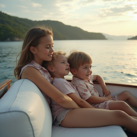 Young mother and her two little daughters sitting on the yacht at sunset.の素材