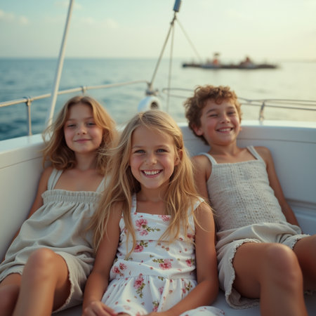 Happy children on the deck of a yacht at sunset. Selective focus.の素材
