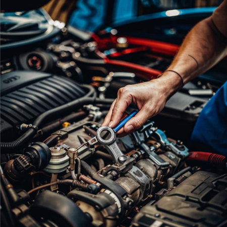 Close-up of the hands of a mechanic repairing a car engine.の素材