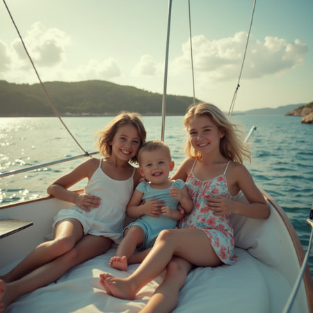 Happy family on a yacht in the sea. Mother, daughter and son on a yacht.の素材