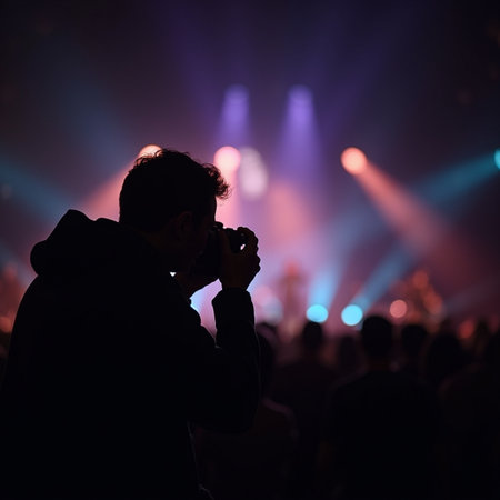 Silhouette of a man taking photo with a camera at a concertの素材