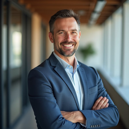Portrait of smiling mature businessman standing with arms crossed in office lobbyの素材