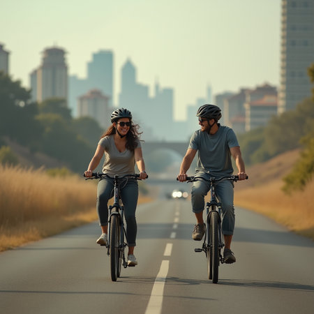 Young couple riding bicycles on the road in the city. Healthy lifestyle.の素材
